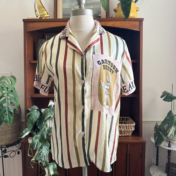 Striped Cartoon Bunny Shirt, Bugs Bunny Graphic, Retro Unisex Button Down - Picture 8 of 10